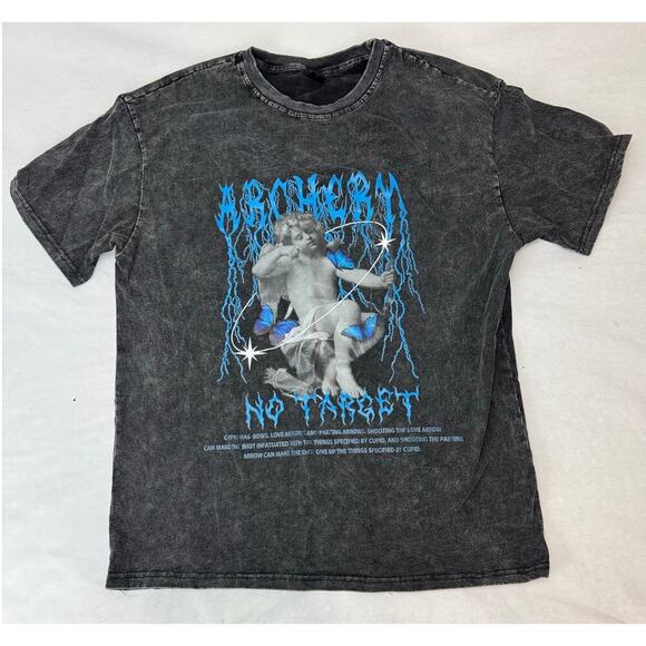 Washed Black Angel Cupid Graphic Tee Lightning Y2K Grunge Streetwear Medium - Picture 1 of 7